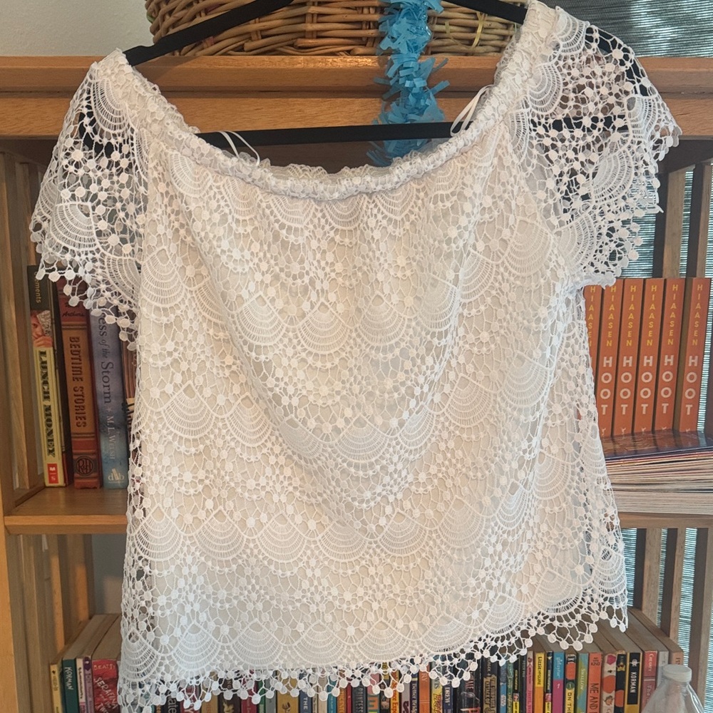 a.n.a White Lace Off-Shoulder Crochet Blouse